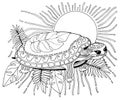 An outline illustration of a turtle with the decorative shell on the background of tropical leaves and the Sun. Anti-stress colori